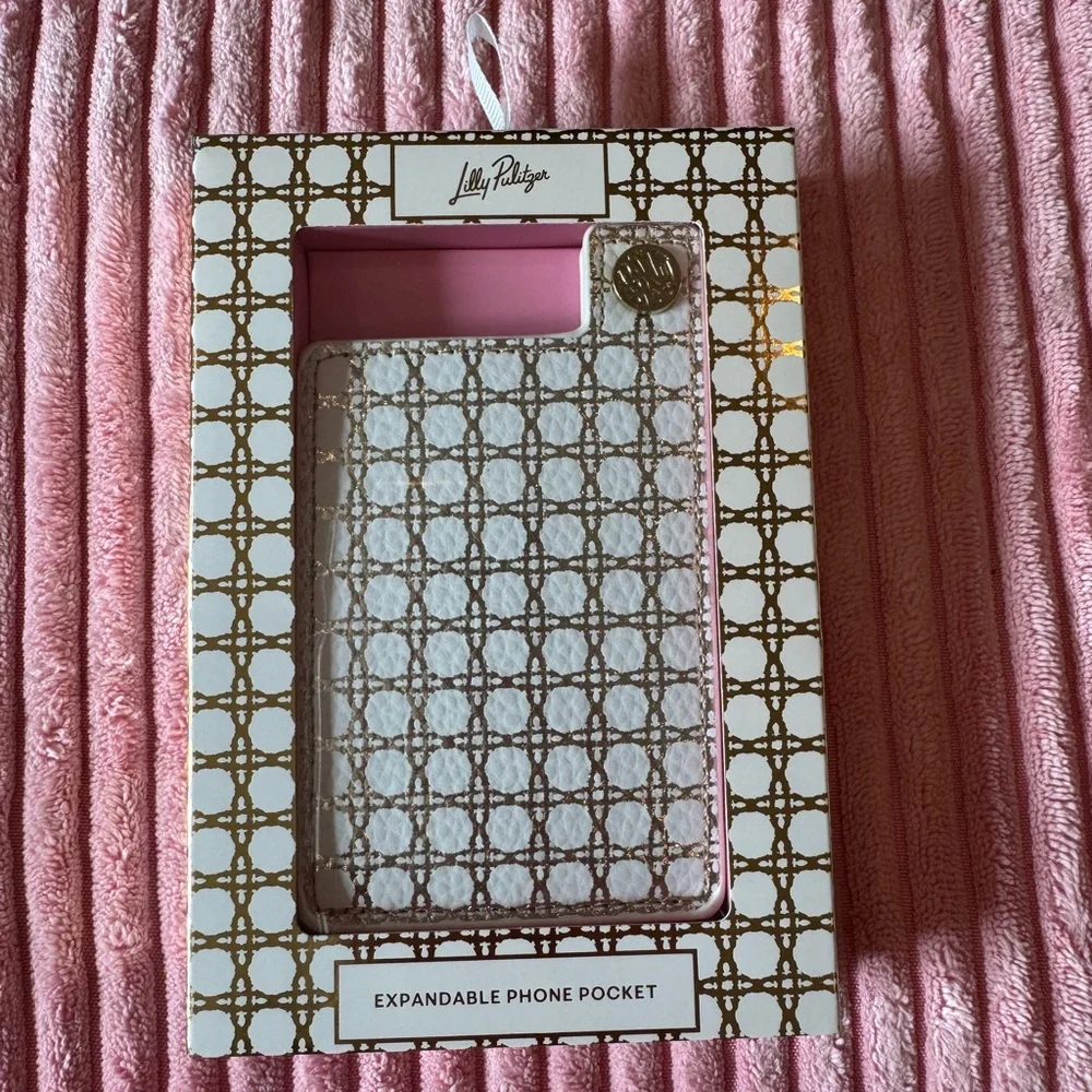 LILLY PULITZER Phone Pocket ID Card Holder for Phone Case Button Snap Gold Cane